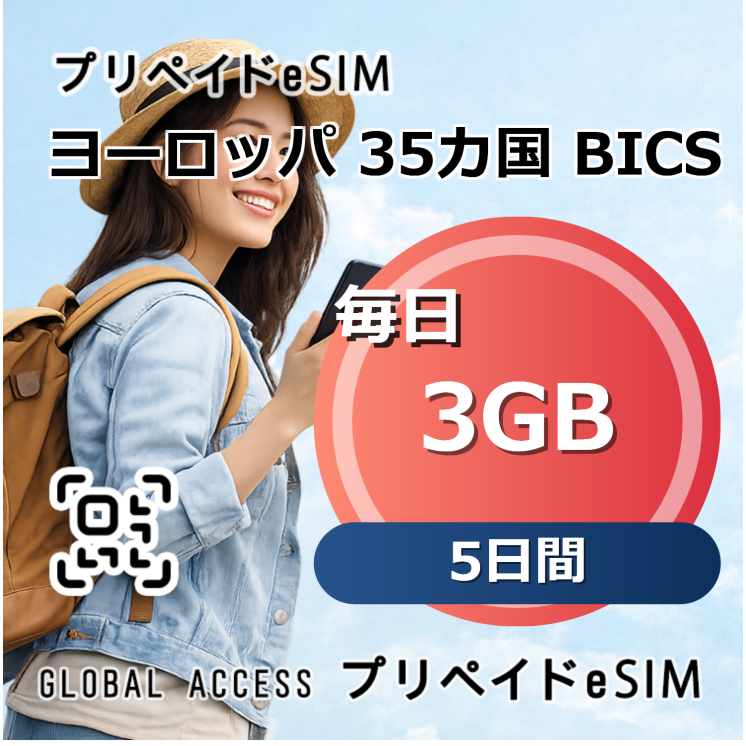 ヨーロッパ 35カ国 BICS eSIM 3GB 毎日 5日間