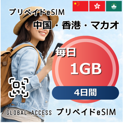 中国・香港・マカオ eSIM 1GB 毎日 4日間