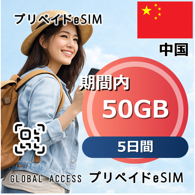 中国 eSIM 50GB 5日間