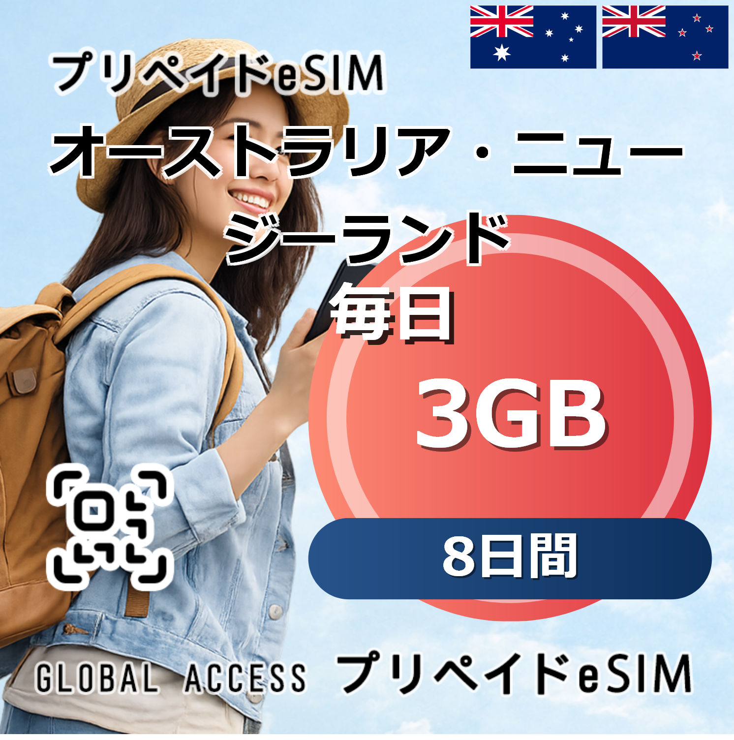 オーストラリア・ニュージーランド eSIM 3GB 毎日 8日間