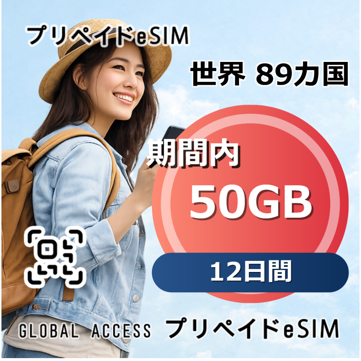 世界 89カ国 eSIM 50GB 12日間
