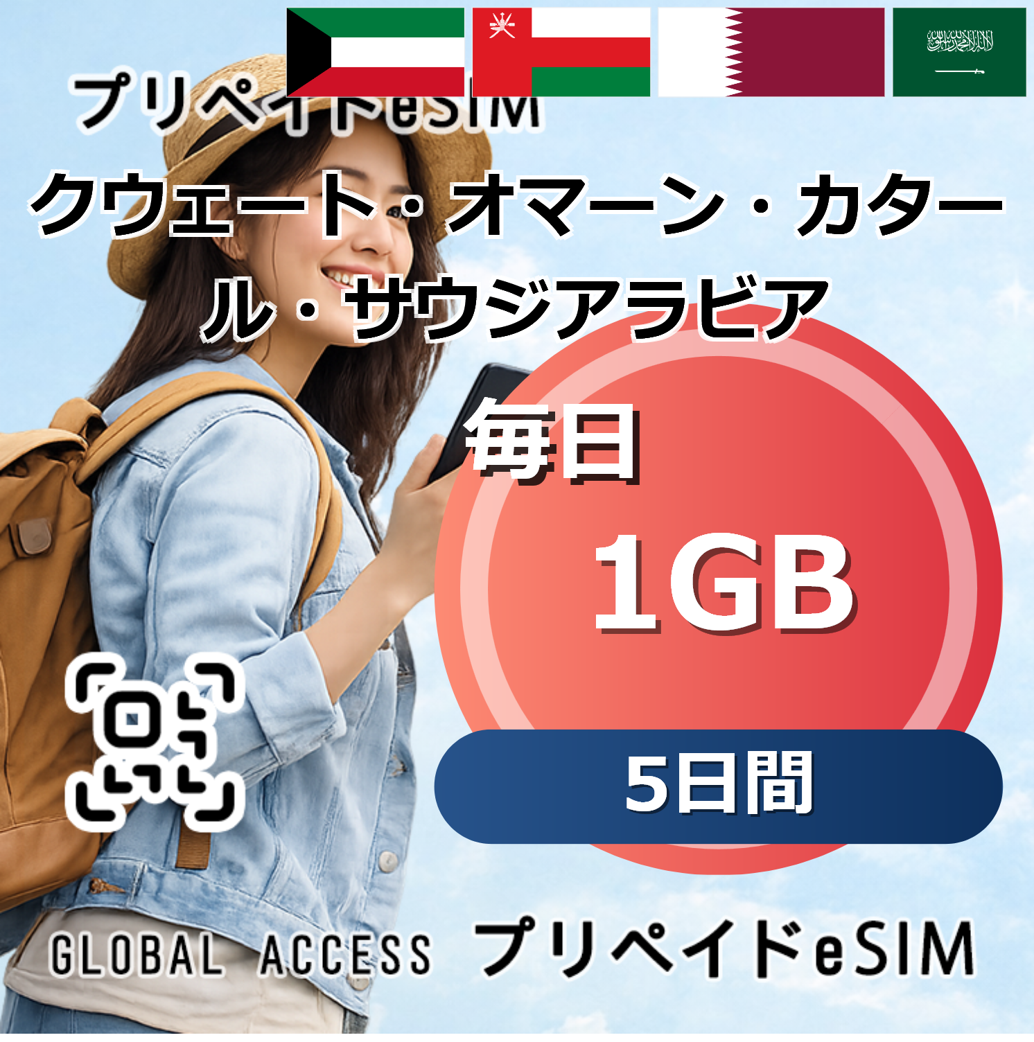 クウェート・オマーン・カタール・サウジアラビア eSIM 1GB 毎日 5日間