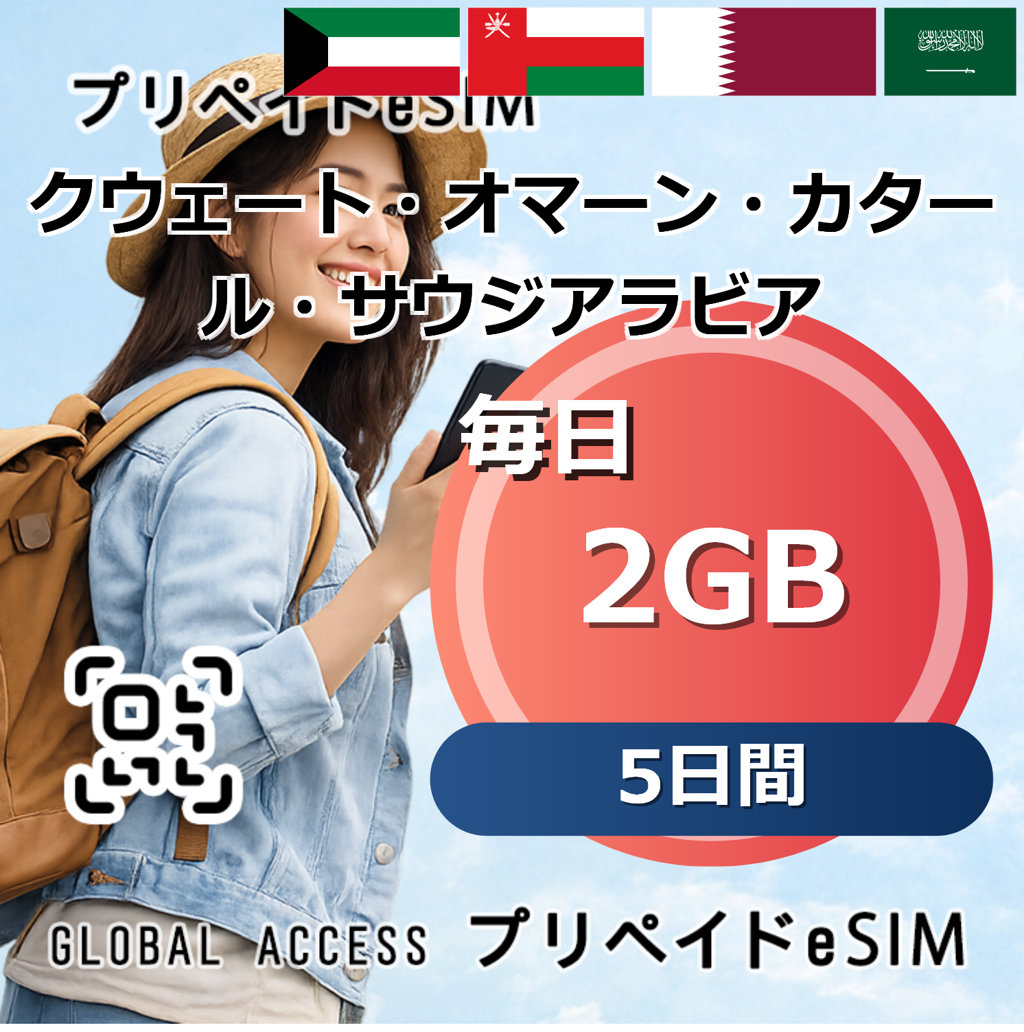 クウェート・オマーン・カタール・サウジアラビア 4カ国 eSIM 2GB 毎日 5日間
