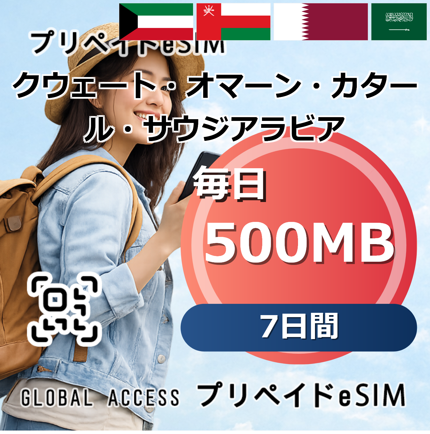 クウェート・オマーン・カタール・サウジアラビア 4カ国 eSIM 500MB 毎日 7日間