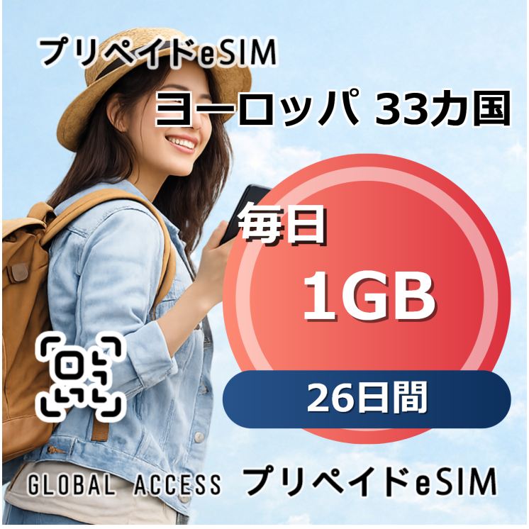 ヨーロッパ 33カ国 eSIM 1GB 毎日 26日間