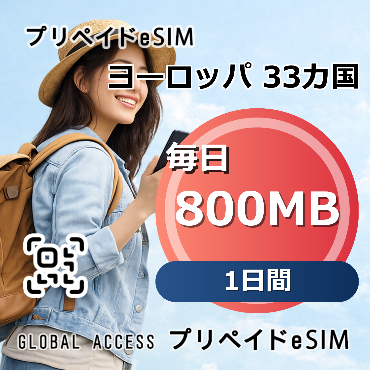 ヨーロッパ 33カ国 eSIM 800MB 毎日 1日間