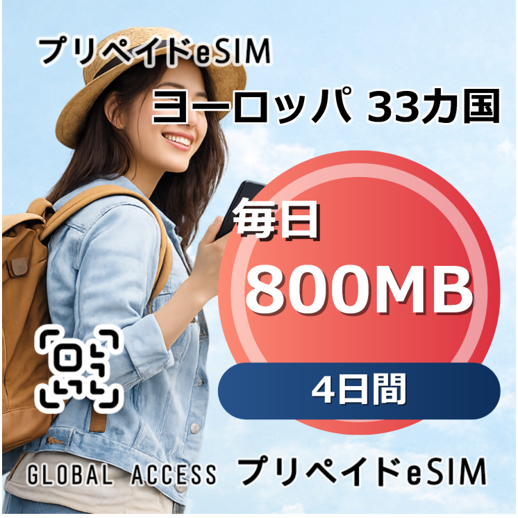 ヨーロッパ 33カ国 eSIM 800MB 毎日 4日間