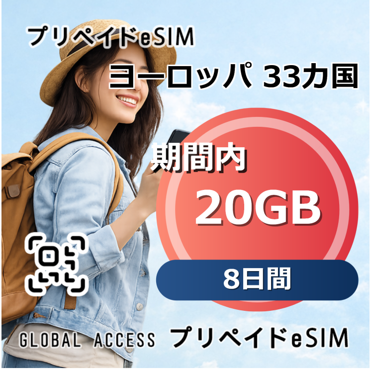 ヨーロッパ 33カ国 eSIM 20GB 8日間