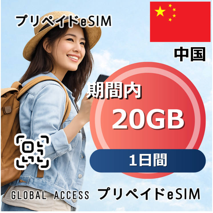 中国 eSIM 20GB 1日間