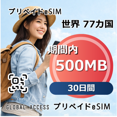 世界 77カ国 eSIM 500MB 30日間