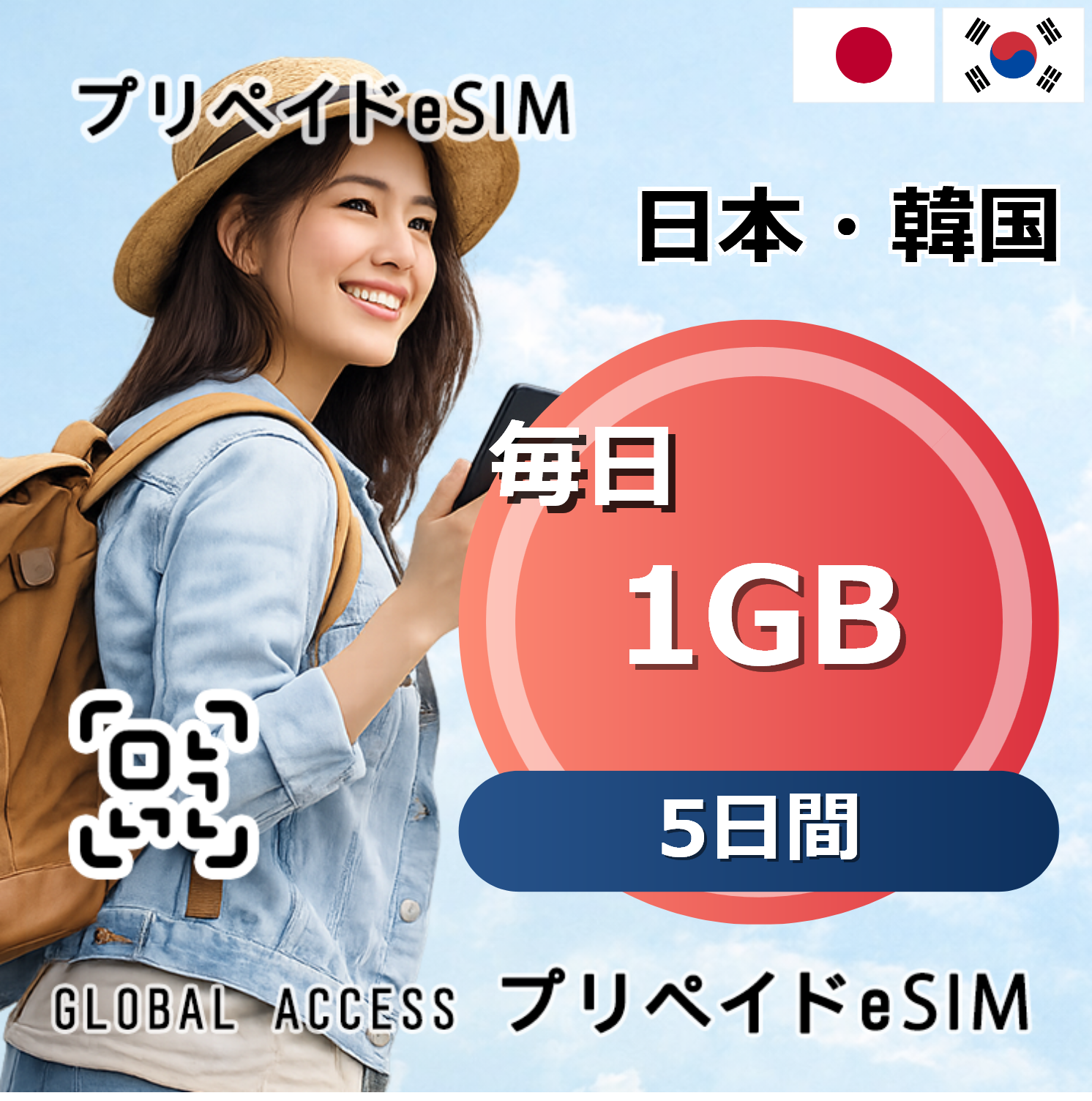 日本・韓国 eSIM 1GB 毎日 5日間