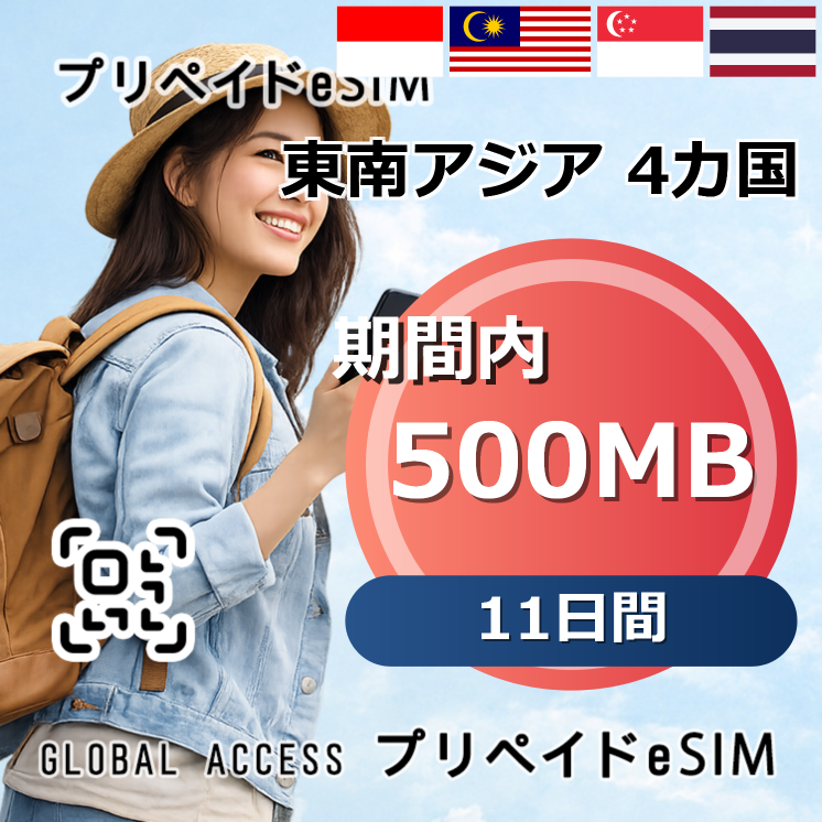 東南アジア 4カ国 eSIM 500MB 11日間
