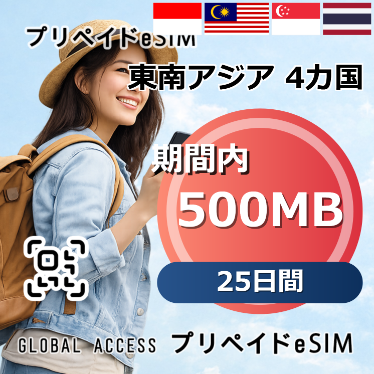 東南アジア 4カ国 eSIM 500MB 25日間