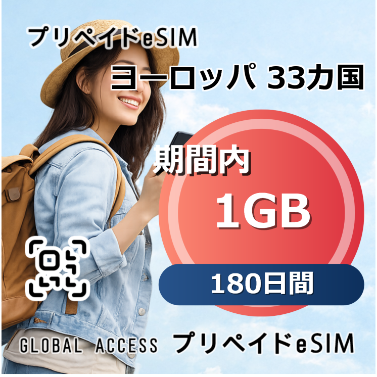 ヨーロッパ 33カ国 eSIM 1GB 180日間