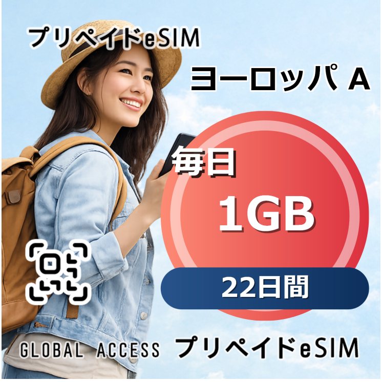 ヨーロッパ A eSIM 1GB 毎日 22日間