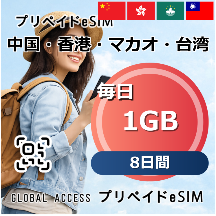 中国・香港・マカオ・台湾 eSIM 1GB 毎日 8日間