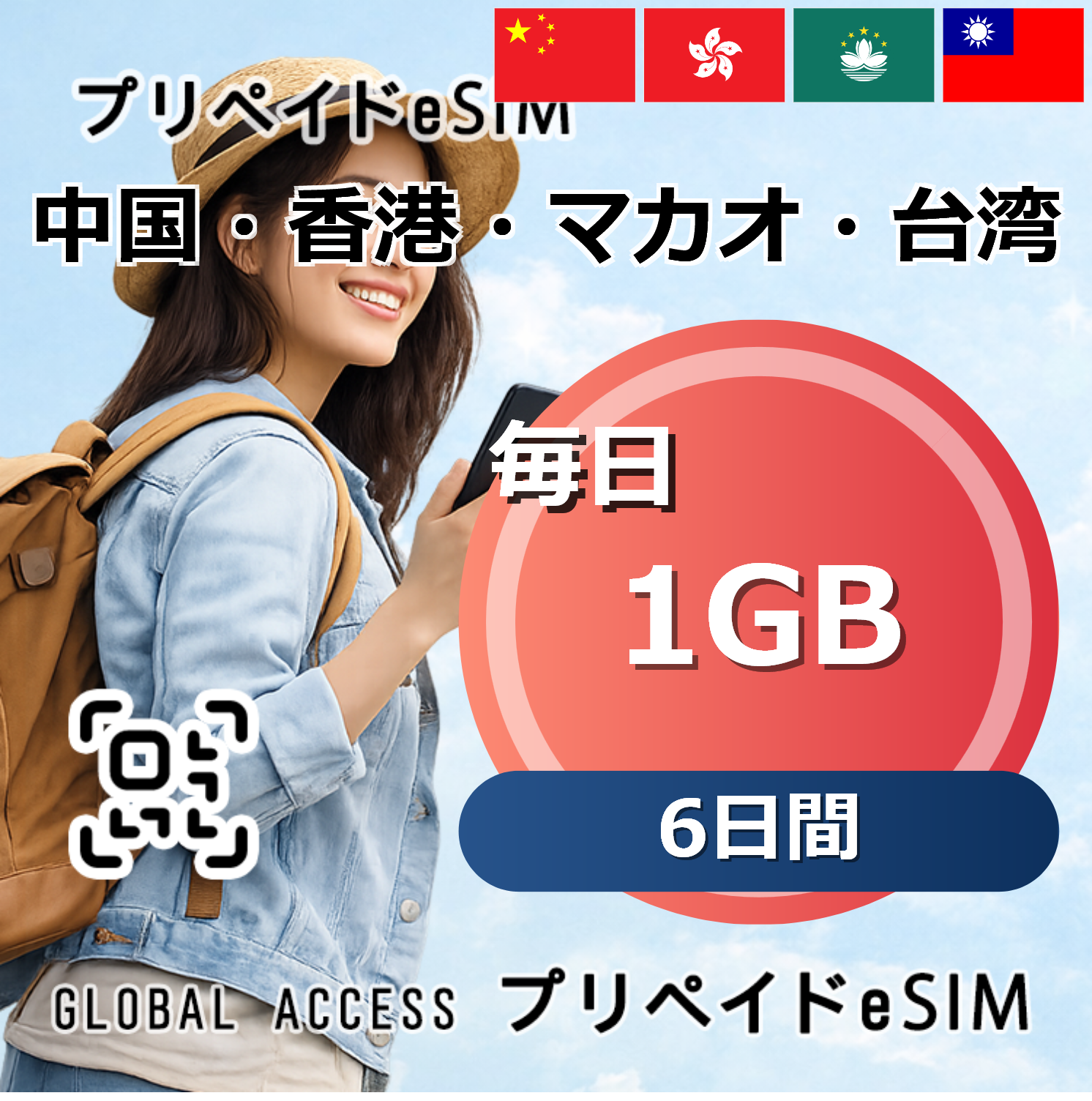 中国・香港・マカオ・台湾 eSIM 1GB 毎日 6日間