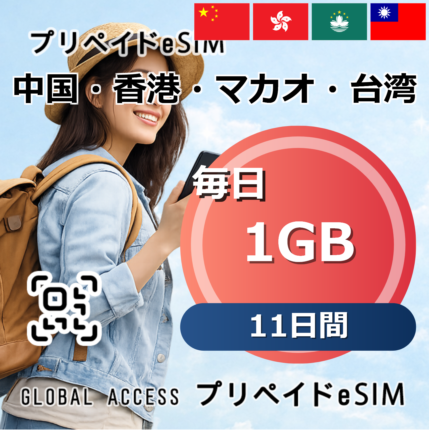 中国・香港・マカオ・台湾 eSIM 1GB 毎日 11日間