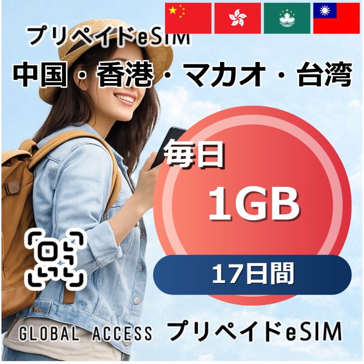 中国・香港・マカオ・台湾 eSIM 1GB 毎日 17日間